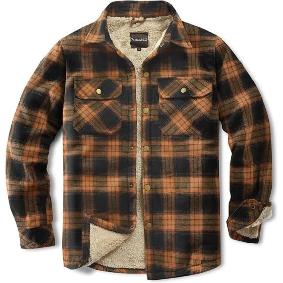 Men's Sherpa Lined Cotton Flannel Shirt Jacket Plaid Button Up Jacket Coat - Picture 1 of 7